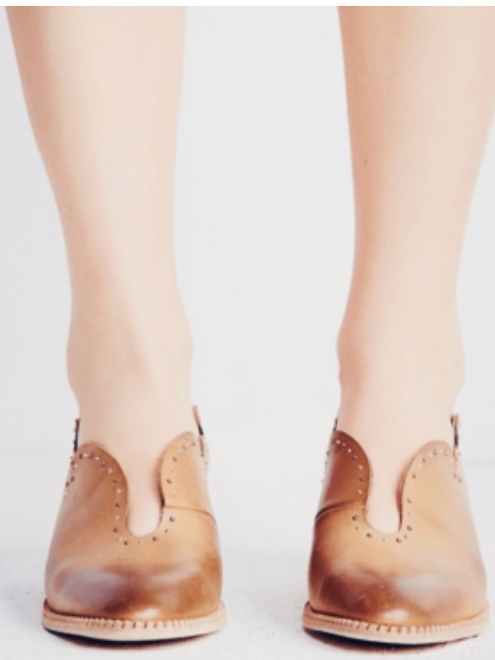 Free People Tan Leather Ankle Booties with Stud Accents